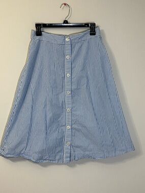 A New Day Blue and White Striped Button-Front Medium A-Line Skirt Stretch Waist